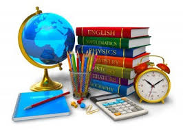 pen, books, calculator, globe